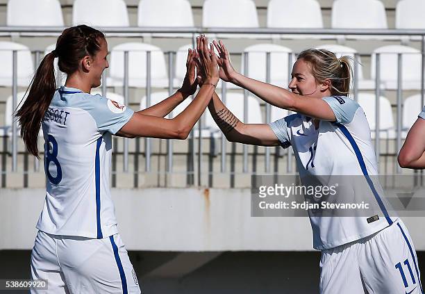 Jill Scott of England celebrates scoring the opening goal with the team mate Gemma Davison during the UEFA Women's European Championship Qualifier...