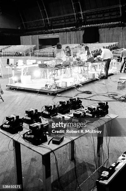 View of performers and engineers as they set up equipment for a perfomance of John Cage's 'Variations VII' piece during '9 Evenings: Theatre &...