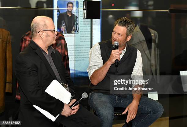 Country Music Hall of Fame and Museum historian Michael McCall interviews singer-songwriter Blake Shelton during the debut of the "Blake Shelton:...