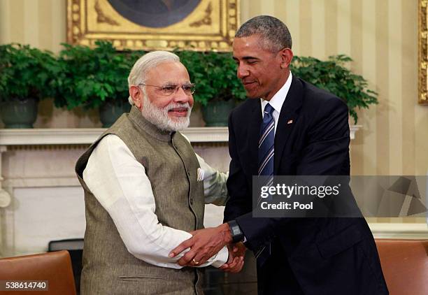 President Barack Obama meets with Prime Minister Narendra Modi of India in the Oval Office at the White House on June 7, 2016 in Washington, DC. Modi...