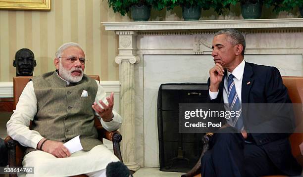 President Barack Obama meets with Prime Minister Narendra Modi of India in the Oval Office at the White House on June 7, 2016 in Washington, DC. Modi...