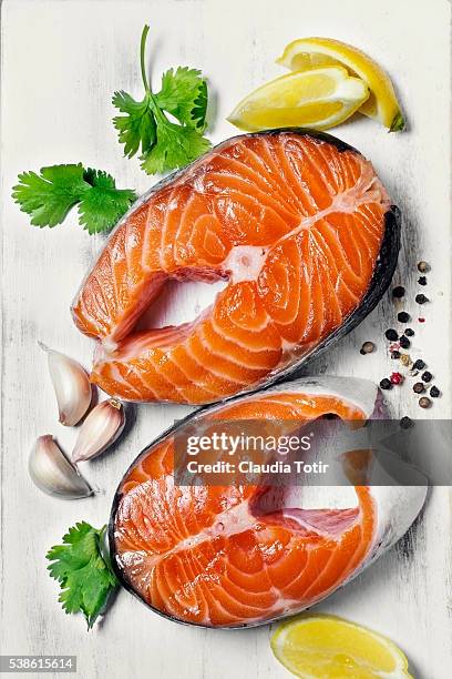 salmon steaks - salmon steak stock pictures, royalty-free photos & images
