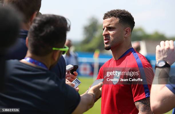 Kyle Walker of England answers to the media following the first practice session of Team England in France ahead of the UEFA EURO 2016 at Stade des...