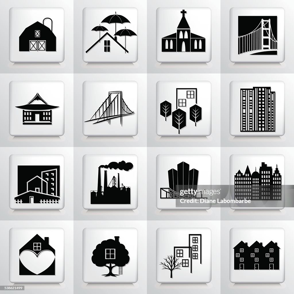 Architecture And Engineering icon Set On Square Button Black