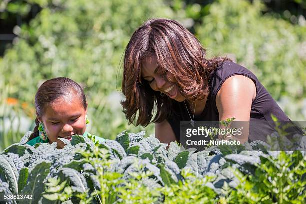 Washington, DC On Monday, June 6, on the South Lawn of the White House, First Lady Michelle Obama, helps kids harvest vegetables from the White House...