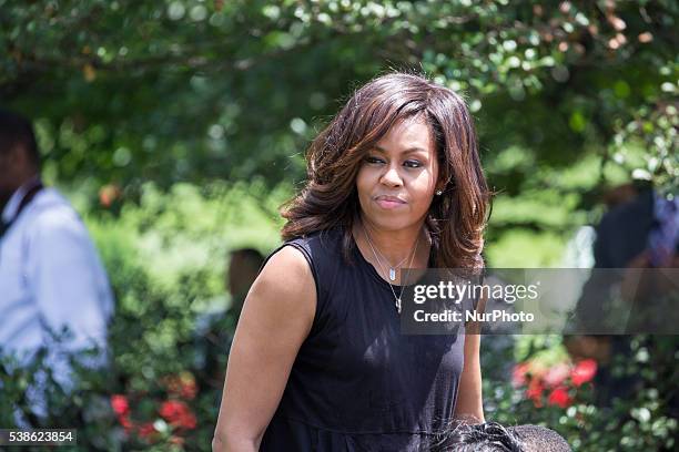 Washington, DC On Monday, June 6, on the South Lawn of the White House, First Lady Michelle Obama, walks around to greet kids who came to harvest...