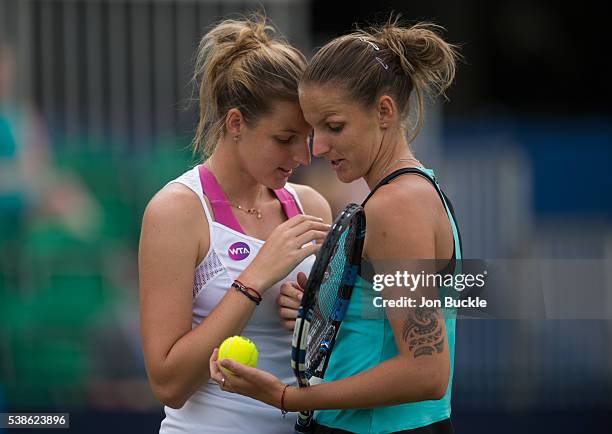 Karolina Pliskova and Kristyna Pliskova of Czech Republic during their women's doubles match against Laura Robson and Freya Christie of Great Britain...