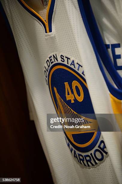 Close up shot of Harrison Barnes of the Golden State Warriors jersey in his locker before Game Two of the 2016 NBA Finals against the Cleveland...