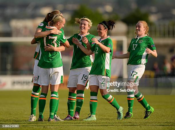 Dublin , Ireland - 7 June 2016; Stephanie Roche of Republic of Ireland is congratulated by teammates Louise Quinn, Savannah McCarthy, Sophie Perry...