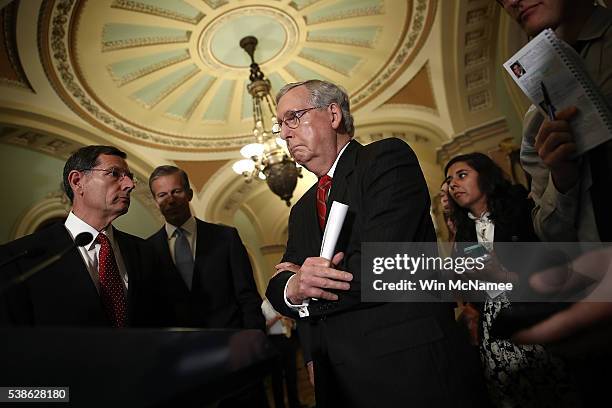 Senate Majority Leader Mitch McConnell answers questions about recent comments made by Republican presidential candidate Donald Trump June 7, 2016 in...