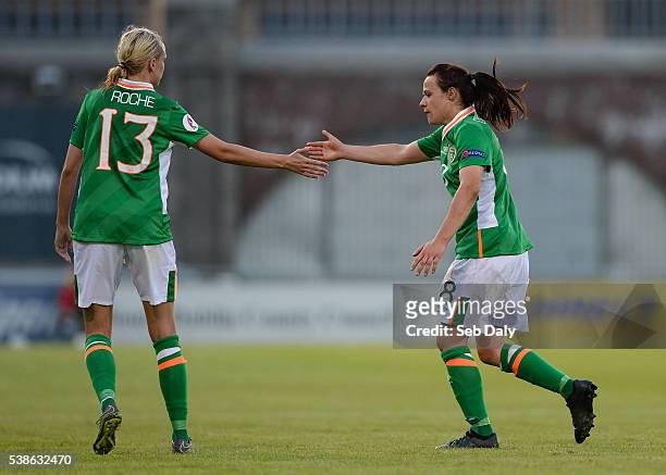 Dublin , Ireland - 7 June 2016; Aine O'Gorman, right, of Republic of Ireland os congratulated on her performance by teammate Stephanie Roche as sge...