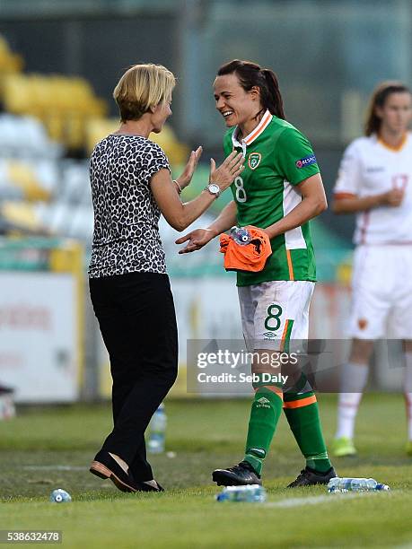 Dublin , Ireland - 7 June 2016; Aine O'Gorman of Republic of Ireland is congratulated on her performance by manager Susan Ronan after being...