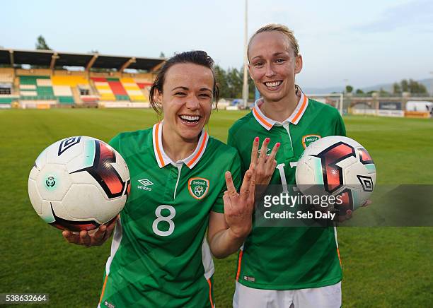 Dublin , Ireland - 7 June 2016; Republic of Ireland's Aine O'Gorman, left, and Stephanie Roche, right, celebrate after scoring a hat-trick each by...