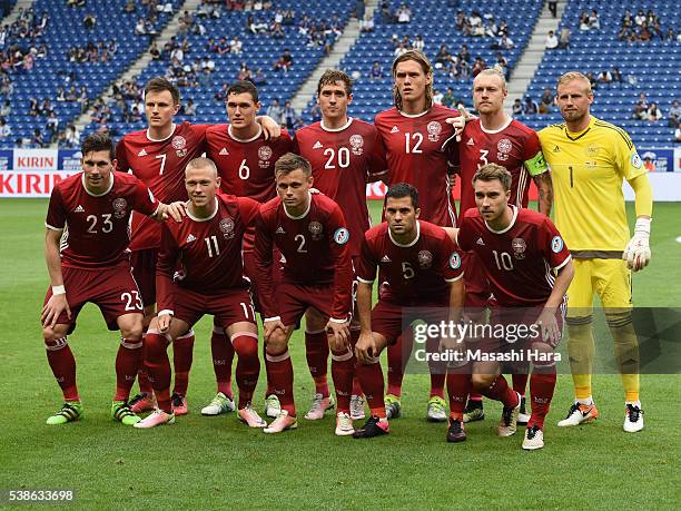 Players of Denmark pose for photograph prior to the international friendly match between Denmark and Bulgaria at the Suita City Football Stadium on...