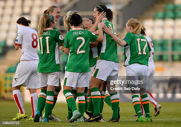 Dublin , Ireland - 7 June 2016; Fiona O'Sullivan, second right, of Republic of Ireland celebrates with teammates after scoring her team's nineth goal...