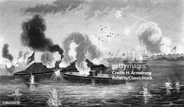 1860s MARCH 9 1862 NAVAL COMBAT BATTLE BETWEEN THE MONITOR AND MERRIMACK IRON CLAD SHIPS HAMPTON ROADS VA USA