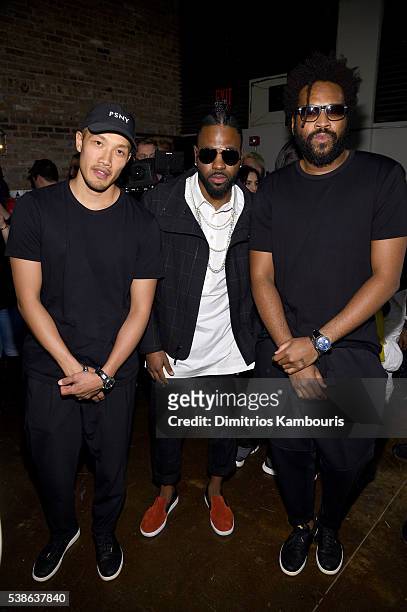 Dao-Yi Chow, Jason Derulo and Maxwell Osborne attends Public School's Women's and Men's Spring 2017 collection at Cedar Lake on June 7, 2016 in New...