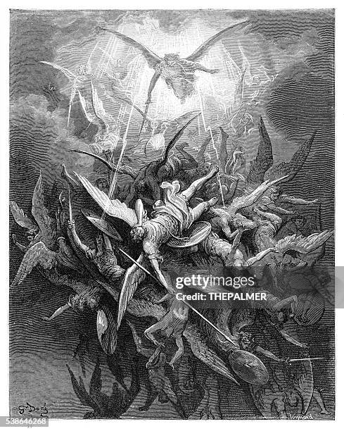 fall of the rebel angels of engraving - heaven angels stock illustrations