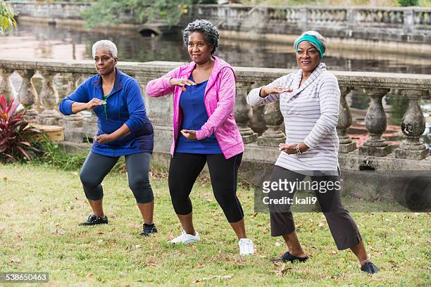 senior black women practicing tai chi - woman and tai chi stock pictures, royalty-free photos & images
