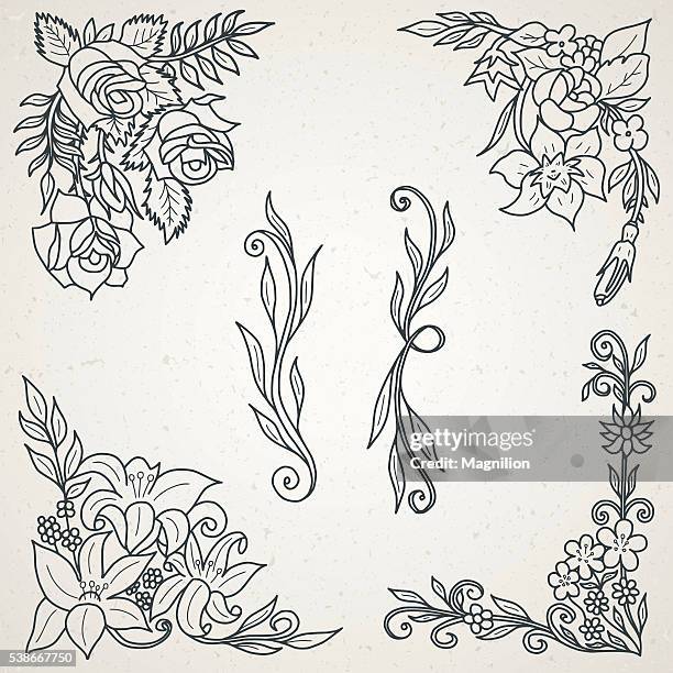 hand drawn floral design elements for frames - flower corner stock illustrations