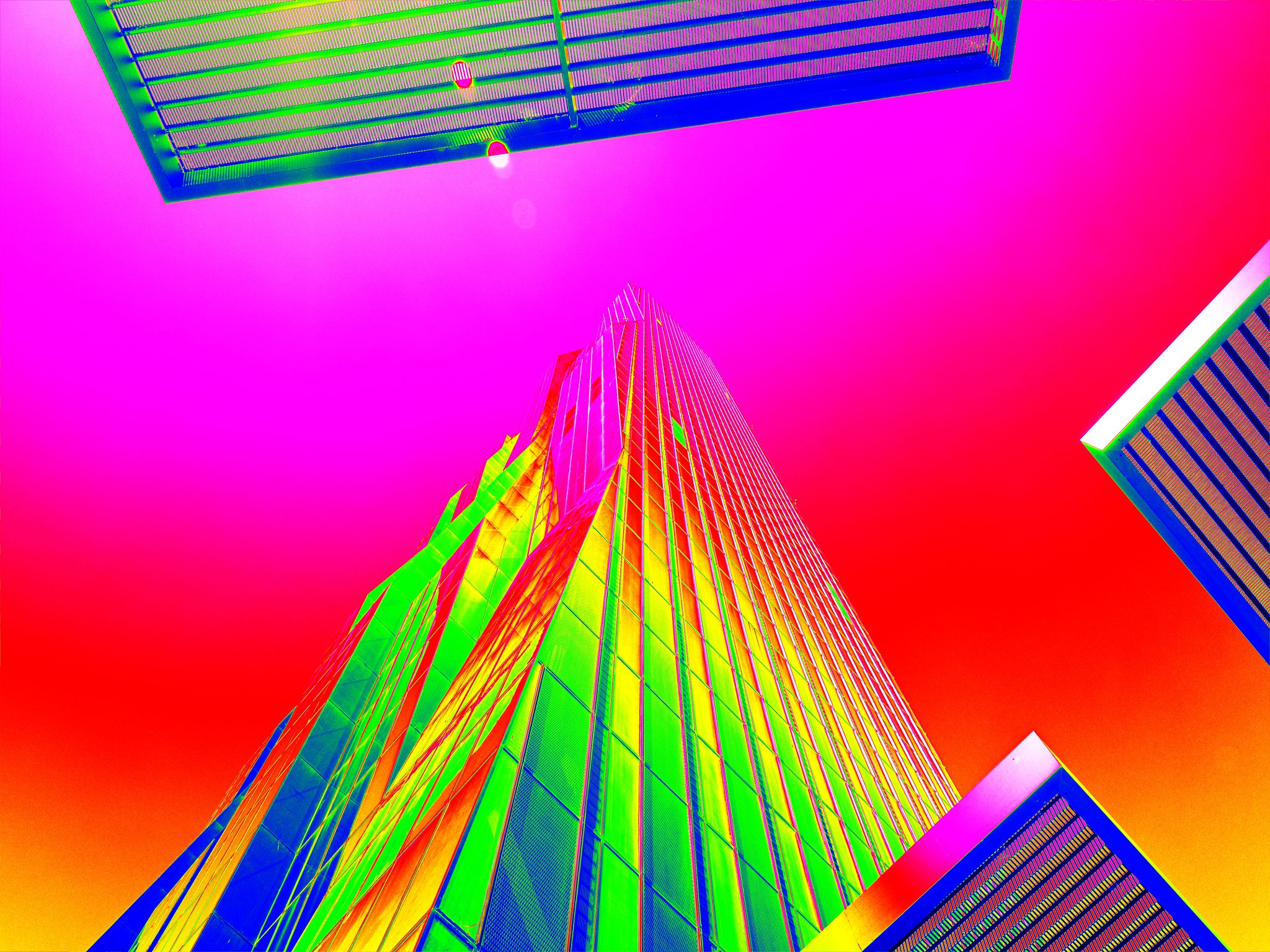 Thermal scan of skyscraper sticking into sky. High concrete building. Thermal scan of skyscraper sticking into sky. High concrete building.