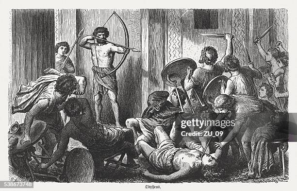 ilustraciones, imágenes clip art, dibujos animados e iconos de stock de ulises mata la suitors, mitología griega, grabado en madera, publicado 1880 - ulises