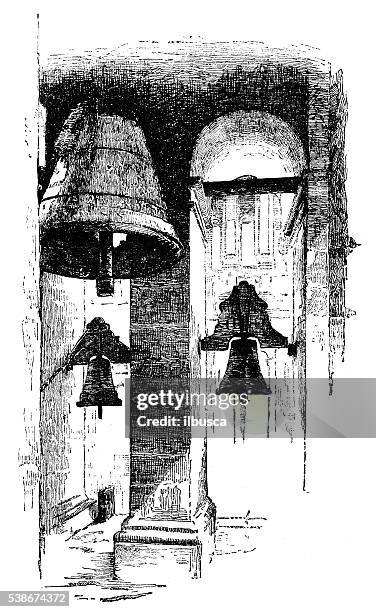 antique illustration of tower bells - bell tower tower stock illustrations