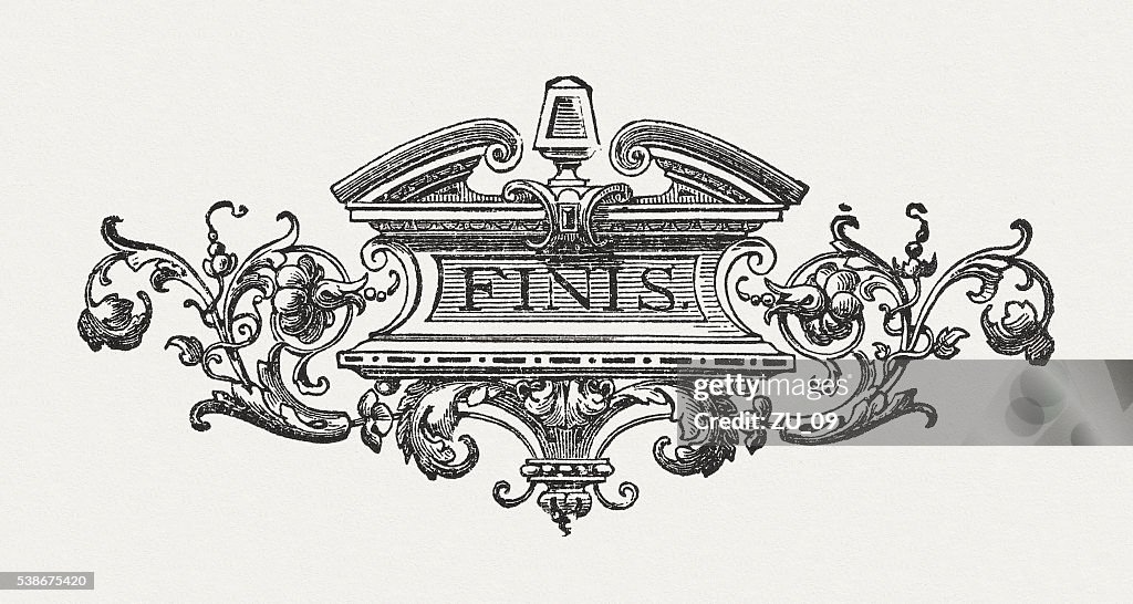 Finish cartouche, wood engraving, published in 1880