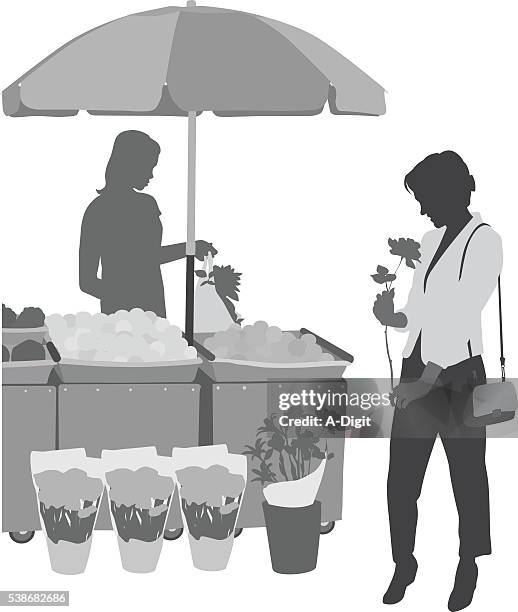 ilustrações, clipart, desenhos animados e ícones de compras de flores - young woman smelling flowers