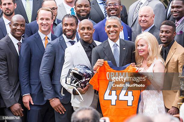 Washington, DC On Monday, June 6, in the Rose Garden of the White House, President Barack Obama holds up a Denver Broncos jersey presented to him as...