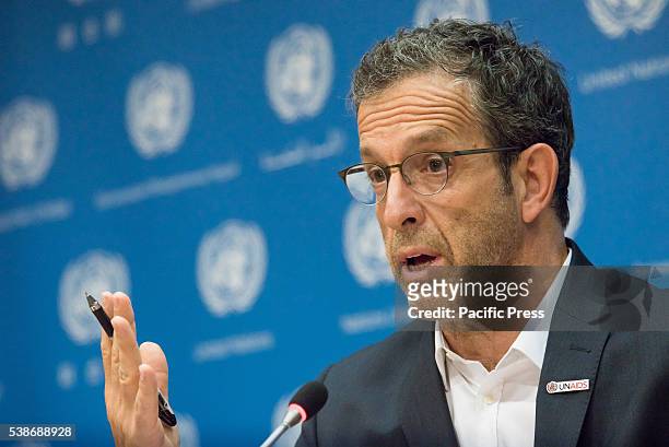 Kenneth Cole speaks at the press conference. On the eve of the start of the United Nations General Assembly's high-level meeting on the ongoing...