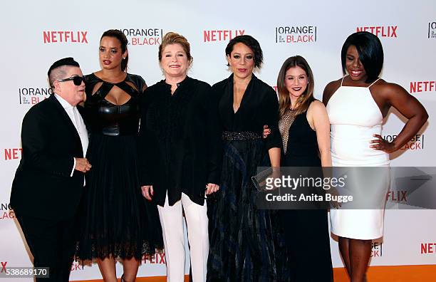 Lea DeLaria, Dascha Polanco, Kate Mulgrew, Selenis Levya, Yael Stone and Uzo Aduba attend the 'Orange Is the New Black' Europe Premiere at Kino in...