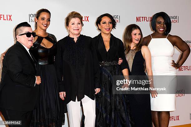 Lea DeLaria, Dascha Polanco, Kate Mulgrew, Selenis Levya, Yael Stone and Uzo Aduba during the 'Orange is the New Black' Europe Premiere at Kino in...