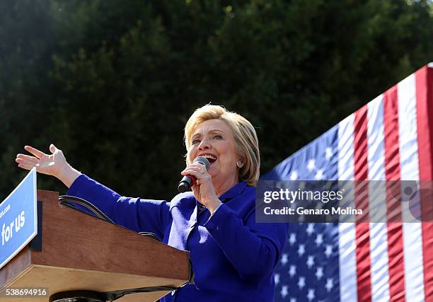 Democratic presidential candidate Hillary Clinton gives a speech at a Get Out The Vote rally in Leimert Park Village Plaza a day before the...