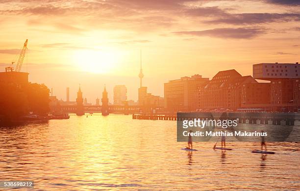 berlin summer sunset skyline with paddle surfing people - berlin sommer stock-fotos und bilder
