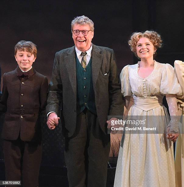William Thompson, Michael Crawford and Gemma Sutton take the curtain call at the press night of "The Go-Between" at The Apollo Theatre on June 7,...