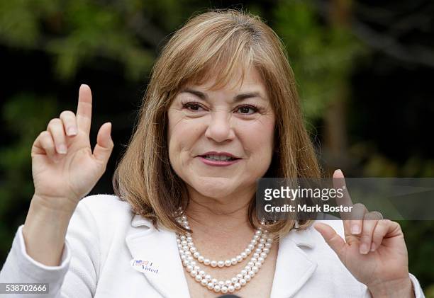Senate candidate Loretta Sanchez talks to the media after casting her vote at Orange High School on the morning of the California Primary June 7, 2016