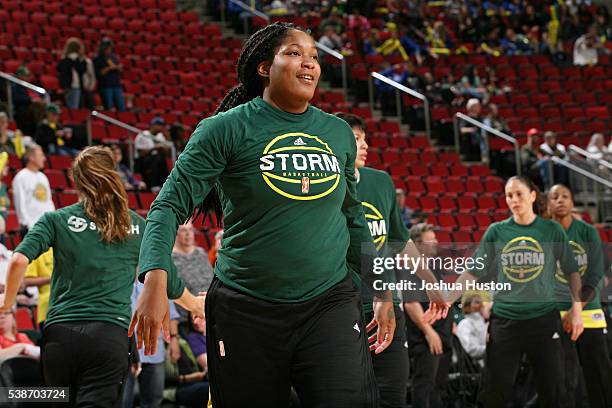 Markeisha Gatling of the Seattle Storm warms up before the game against the Washington Mystics on May 26, 2016 at Key Arena in Seattle, Washington....