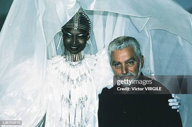 Designer Paco Rabanne walks the runway at the Paco Rabanne Haute Couture Fall/Winter 1997-1998 fashion show during the Paris Fashion Week in July,...