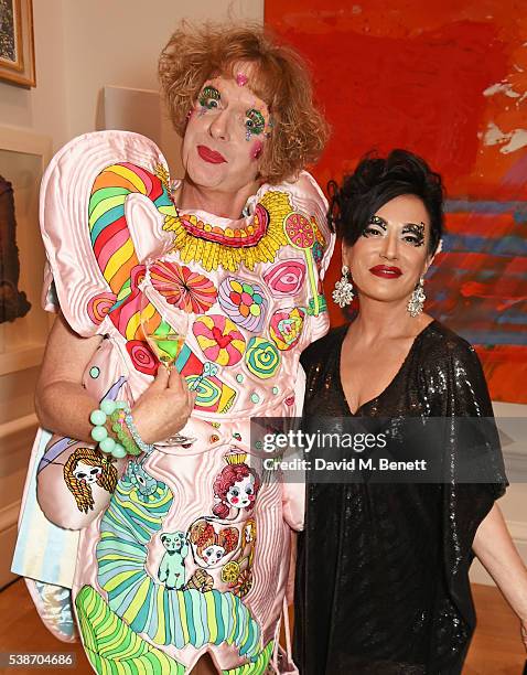 Grayson Perry and Nancy Dell'Olio attend a VIP preview of the Royal Academy of Arts Summer Exhibition 2016 on June 7, 2016 in London, England.