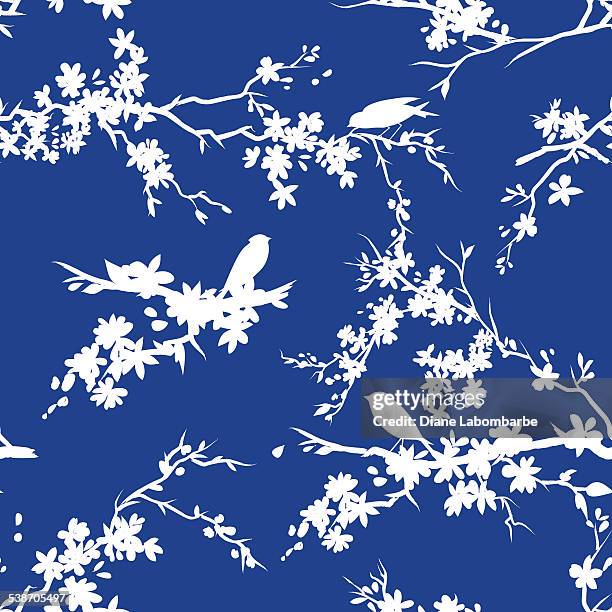 sakura kirsche blüten und vögel nahtlose muster in blau und weiß - cherry blossom stock-grafiken, -clipart, -cartoons und -symbole