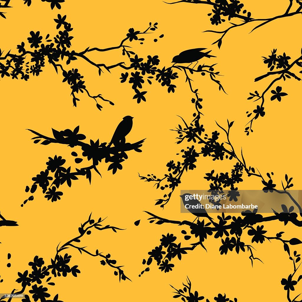 Sakura Cherry Blossoms And Birds Seamless Pattern Black Yellow