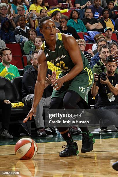 Monica Wright of the Seattle Storm handles the ball during the game against the Minnesota Lynx on May 22, 2016 at Key Arena in Seattle, Washington....