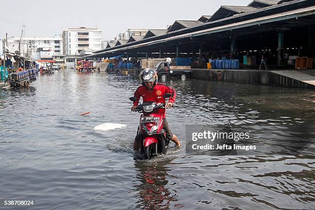 The traffic of vehicles and people passing in the tidal flood inundation in the area of the Port of Muara Baru fish market, on June 7, 2016 in...