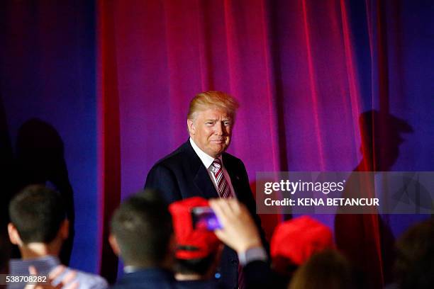 Republican presidential candidate Donald Trump arrives to deliver remarks following primaries in California, Montana, New Jersey, New Mexico, North...