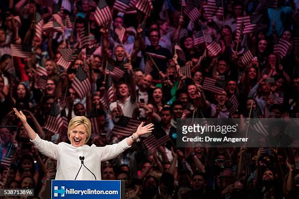 Democratic presidential candidate Hillary Clinton arrives onstage during a primary night rally at the Duggal Greenhouse in the Brooklyn Navy Yard,...