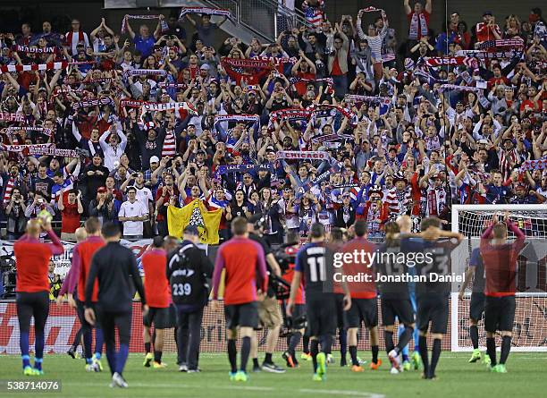 Fans cheer the United States teams after a win over Costa Rica in a match in the 2016 Copa America Centenario at Soldier Field on June 7, 2016 in...