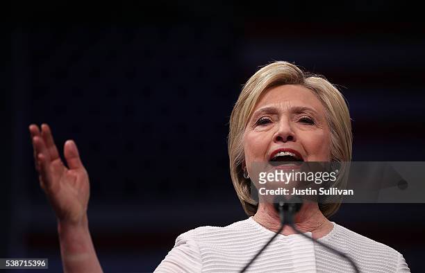 Democratic presidential candidate former Secretary of State Hillary Clinton speaks during a primary night event on June 7, 2016 in Brooklyn, New...
