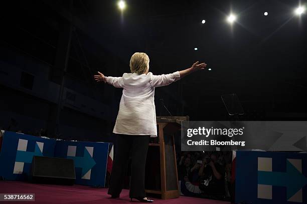 Hillary Clinton, former Secretary of State and presumptive Democratic presidential nominee, gestures during a primary night event at the Brooklyn...