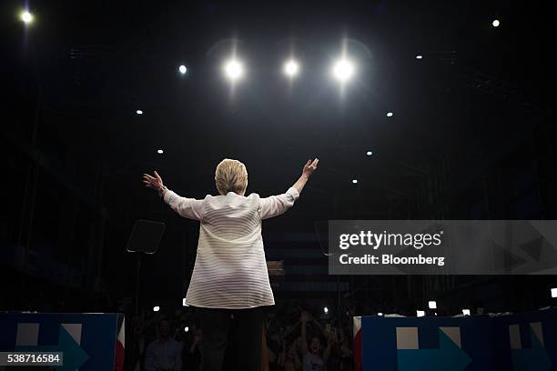 Hillary Clinton, former Secretary of State and presumptive Democratic presidential nominee, gestures during a primary night event at the Brooklyn...